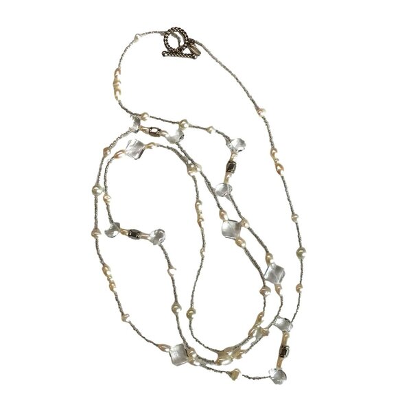 Mary Kay Rope Necklace Toggle Closure White Silver Tone Gray Beads - Picture 3 of 4